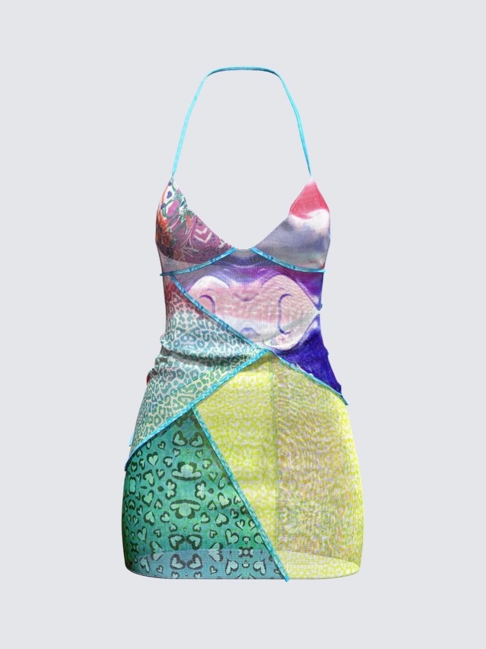 Finesse Sheer Halter Multicolor Patchwork Printed Mini Dress or Cover-Up